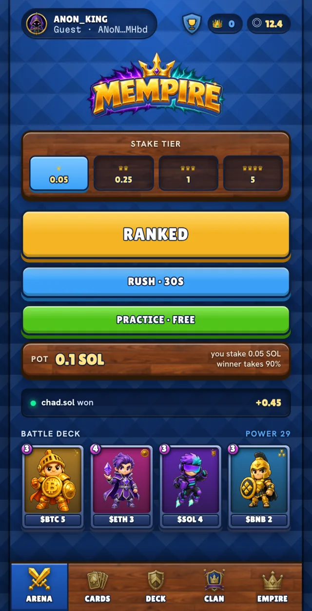 The Arena screen with four stake tiers and three game modes