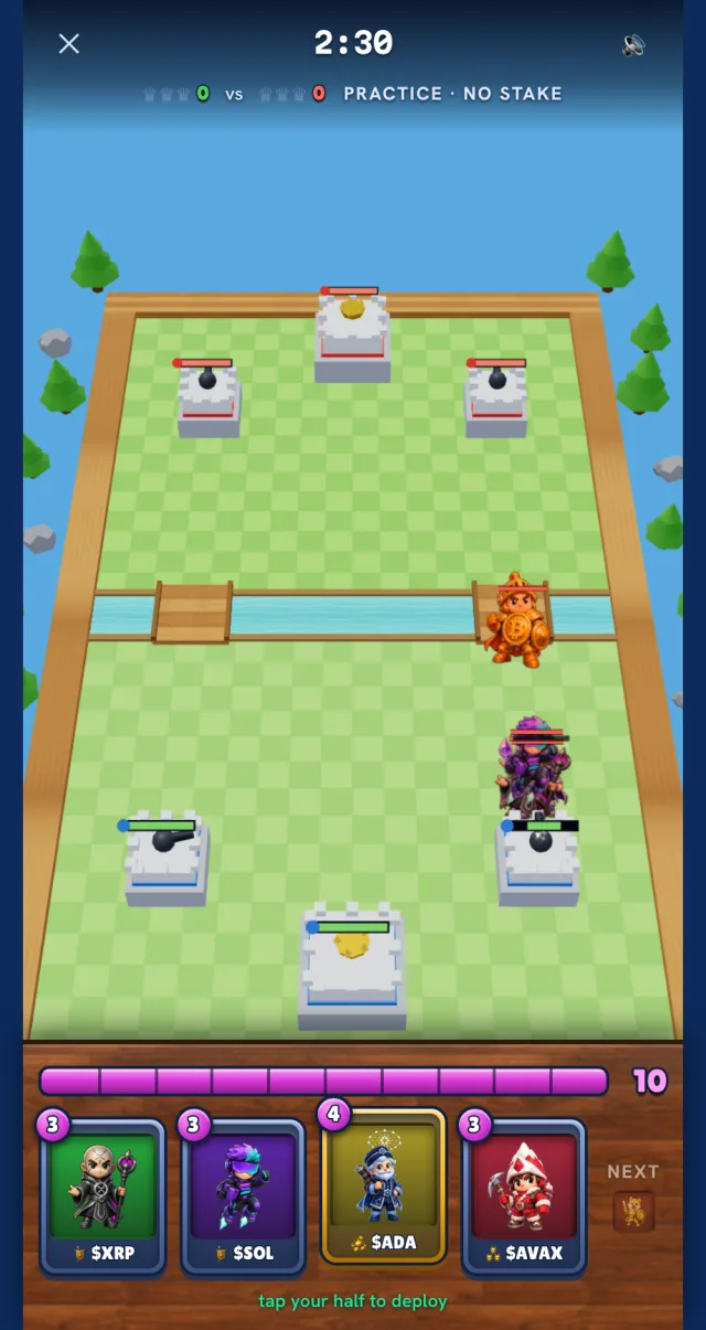 A Mempire match in progress: a $BTC fighter holding the bridge, health bars over both units, a full elixir bar and four coin cards in hand