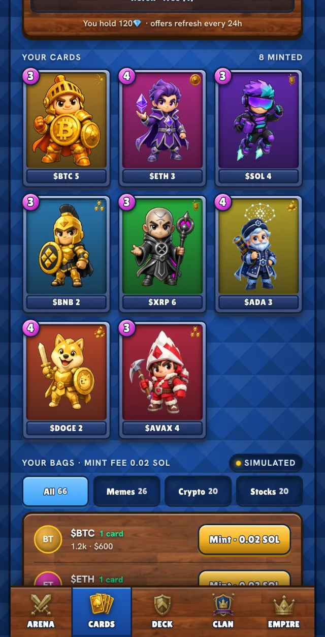 The Cards screen showing minted fighters and the asset-class filter