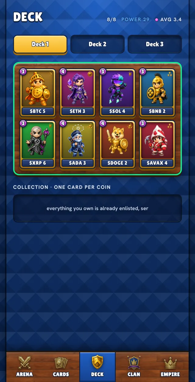 The Deck screen with eight card slots and three saved deck presets